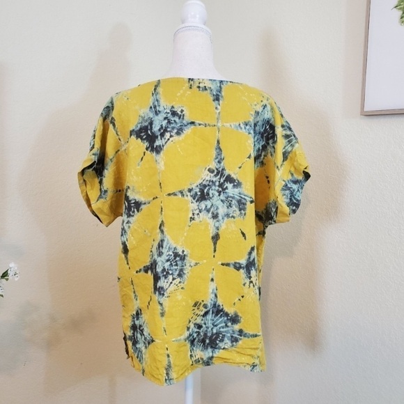 Bellambia Size Small Linen Boxy Fit Blouse Top Italy Made Yellow Blue Boho - Picture 3 of 7